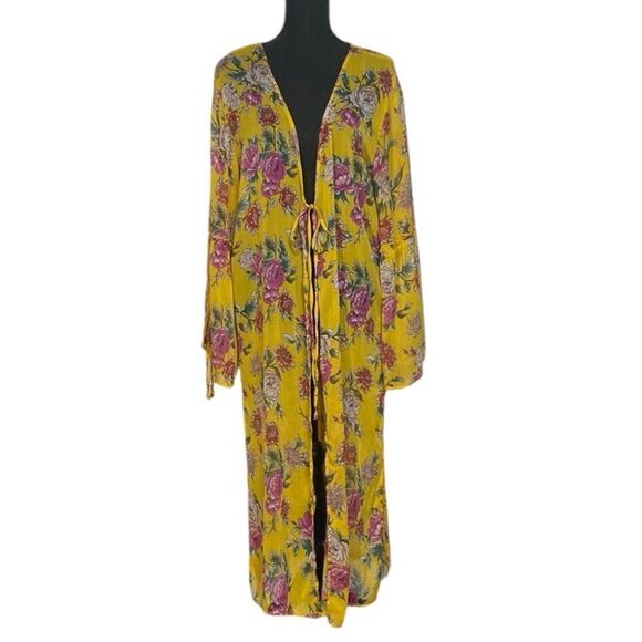 A BAND OF GYPSIES Yellow Floral Chiffon Duster Kimono - Picture 1 of 7